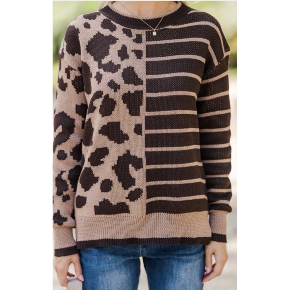 Staccato Brown Leopard Women's Casual Sweater M Cozy Thanksgiving Fall Statement - Picture 5 of 12